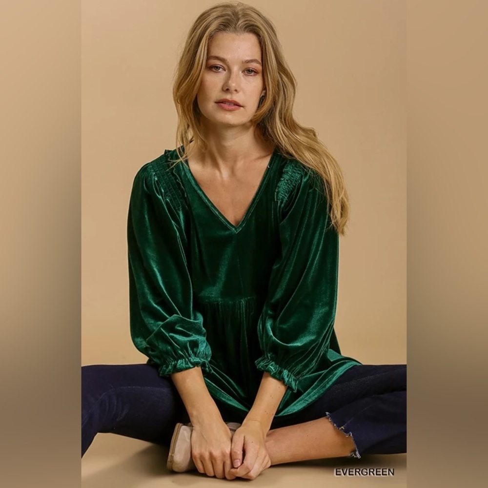 UMGEE Velvet Long Sleeve Smoked Detail Tunic with High Low Hem